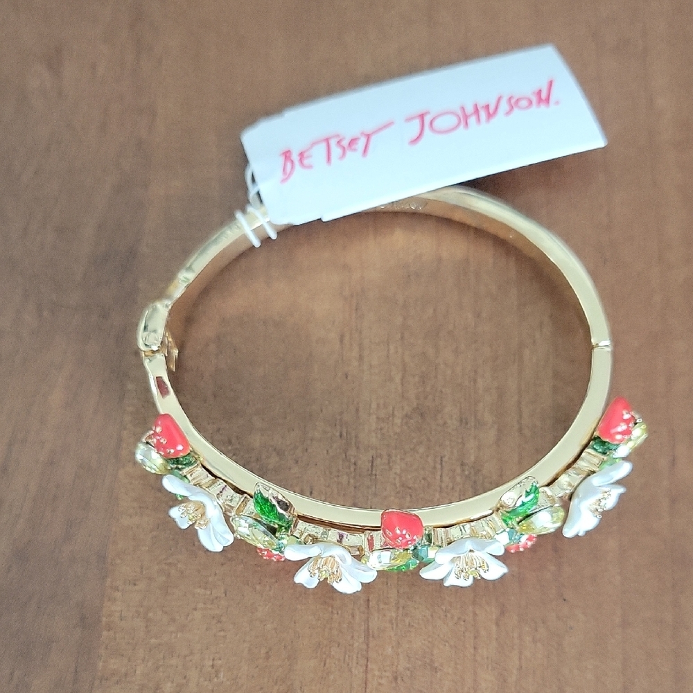 Betsey Johnson Gold Floral Hinged Bangle Bracelet - Coral, White, Green